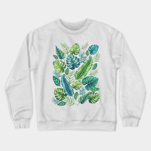 Green & Teal Tropical Palm Banana Monstera Leaves Crewneck Sweatshirt by CatyArte